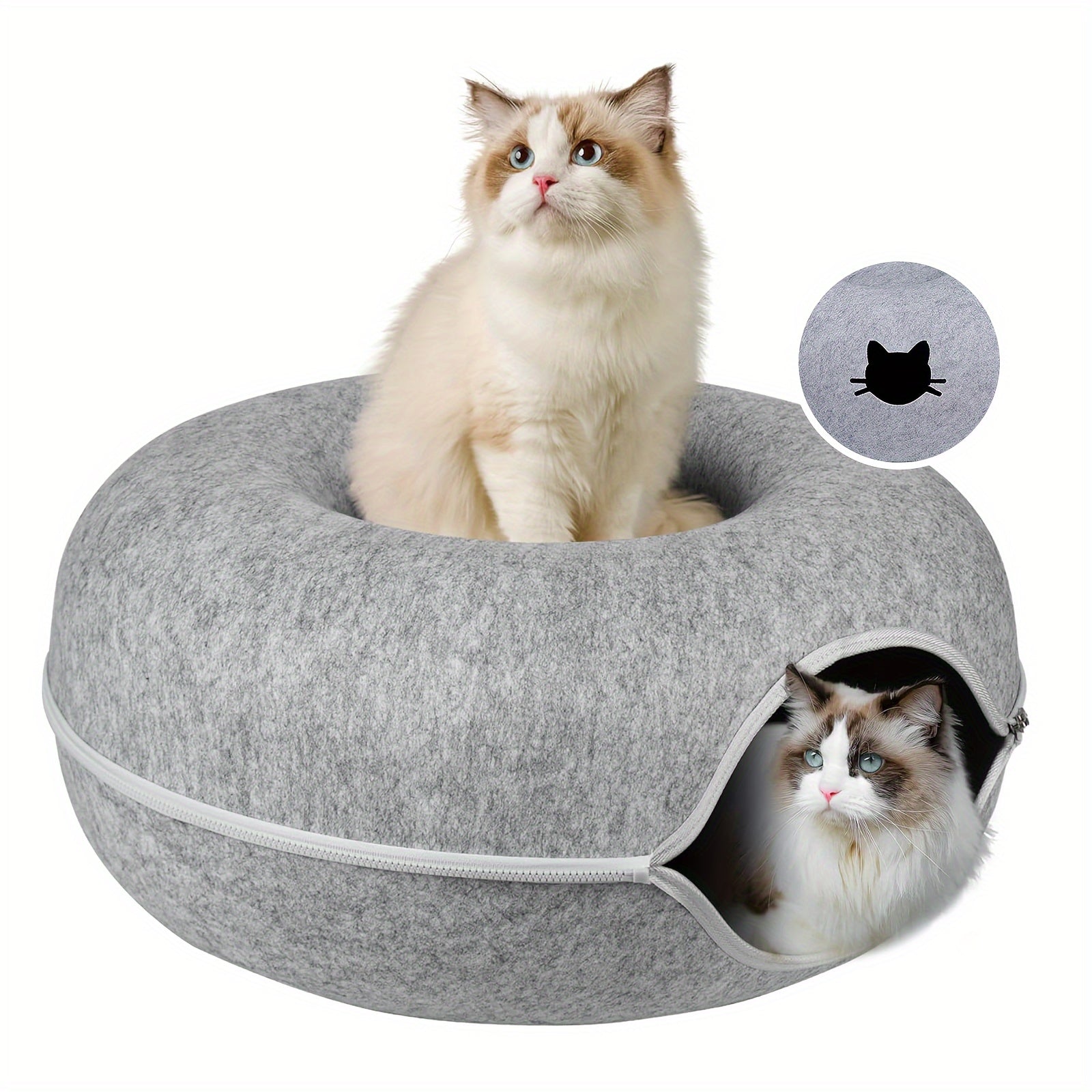 Gray Wool Felt Cat Tunnel Bed with Zippered Split, Foldable, Versatile Indoor Pet Bed