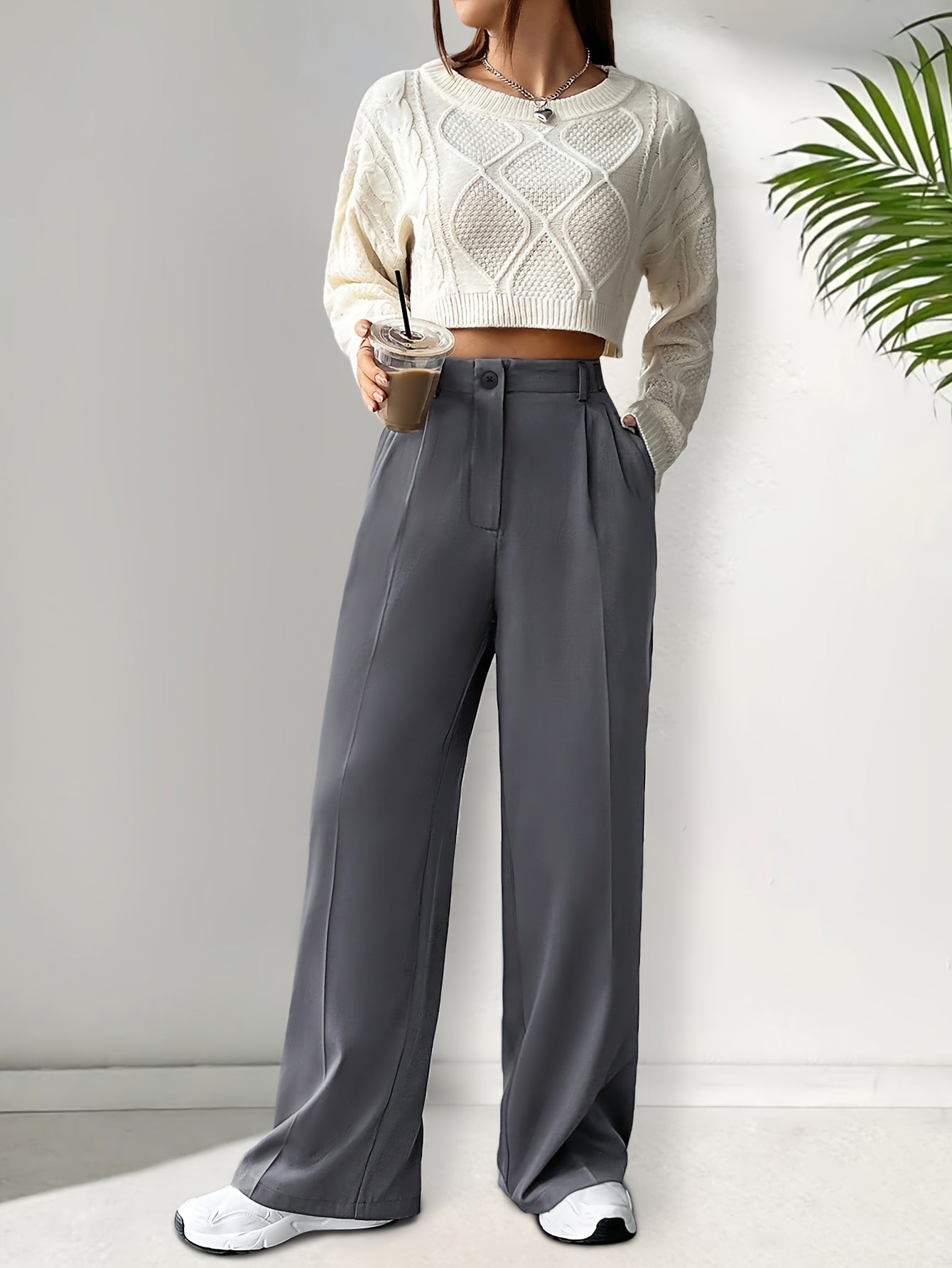 Women's Solid Color Work Pants with Dual Pockets Long Casual Trousers