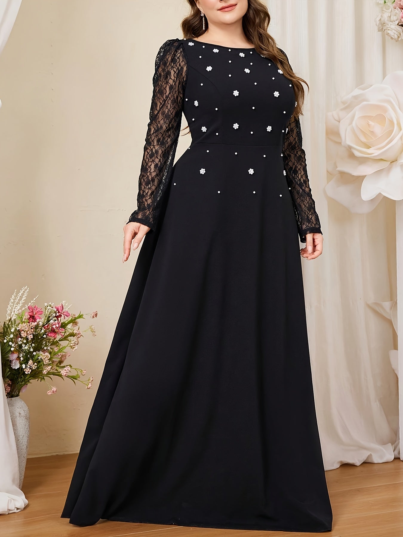 Vestido de noche de talla grande para mujer, negro, con encaje de perlas y falda en línea A, para bodas formales