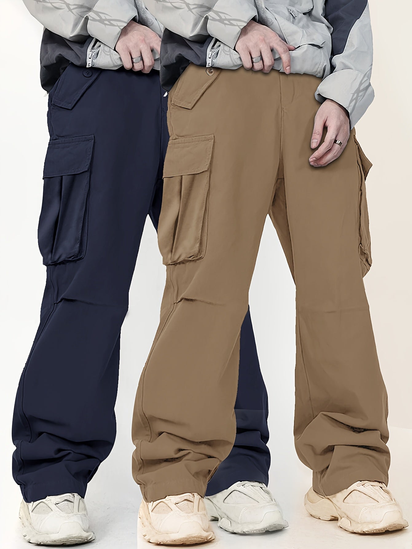 Men's Cargo Pants Loose Fit Solid Color Polyester with Flap Pockets