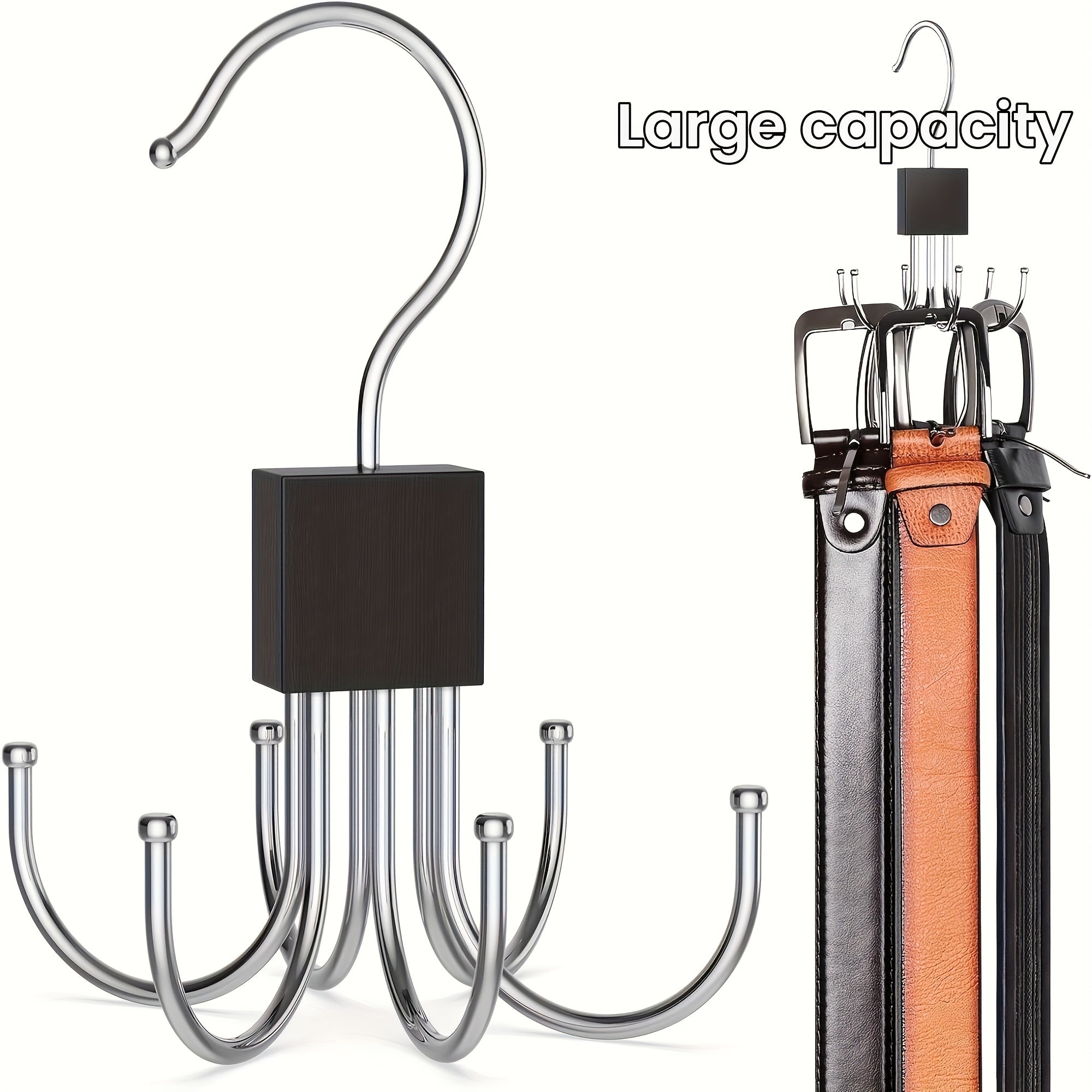 Rotating Wood Belt Hanger Organizer with Stainless Steel Hooks for Closet Storage