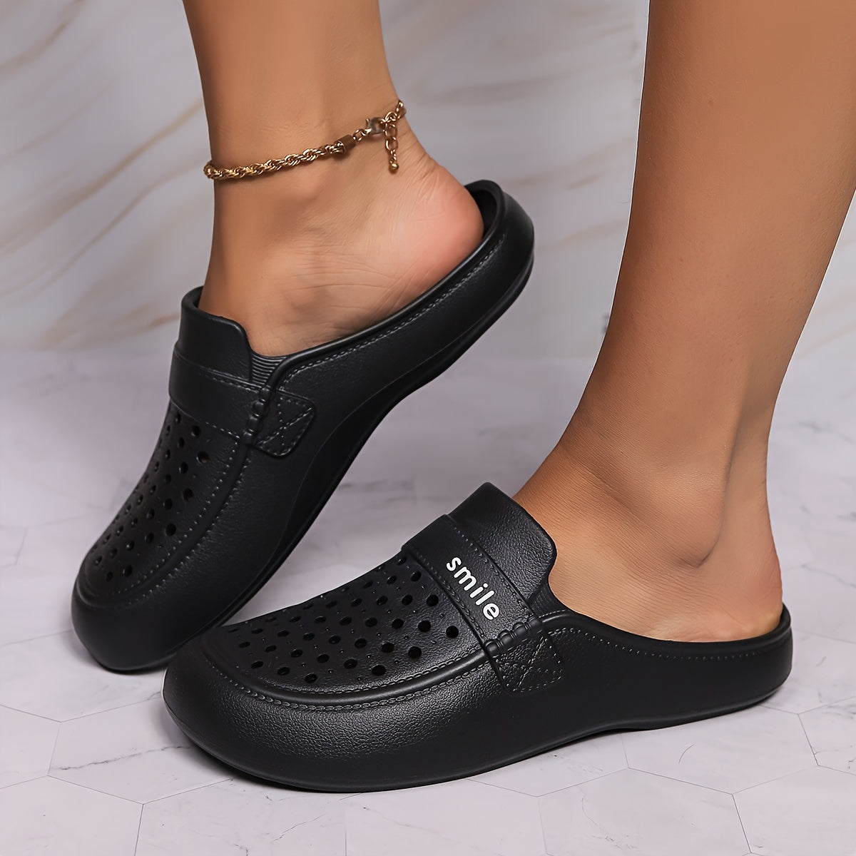 Women's Black EVA Mules with Smile Print Flat Casual Footwear