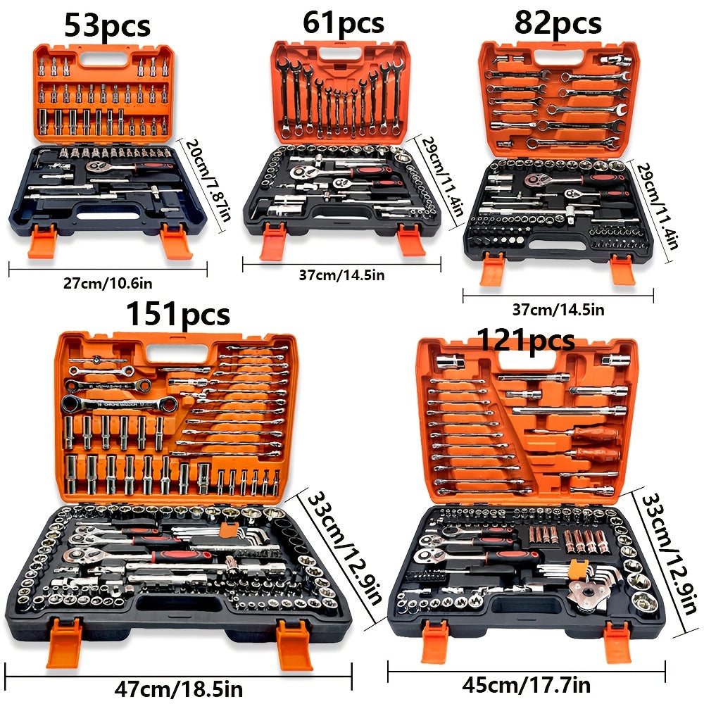 Stainless Steel Automotive Repair Tool Kit with Quick Ratchet Wrenches for Motorcycle and Bicycle Maintenance 53/82/121/151 Pieces