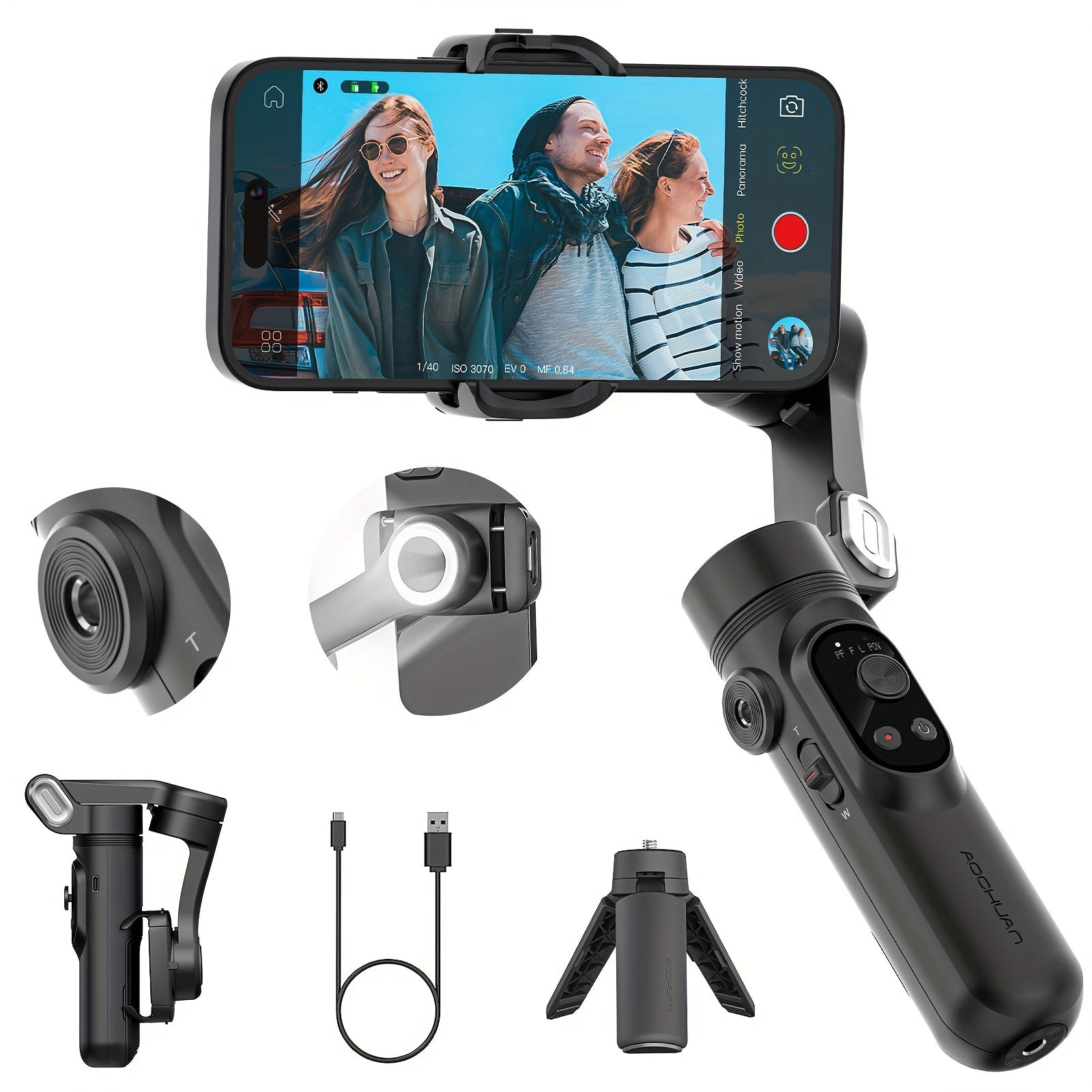 Estabilizador de gimbal para smartphone con luz LED integrada, plegable de 3 ejes para vlogging en iPhone y Android