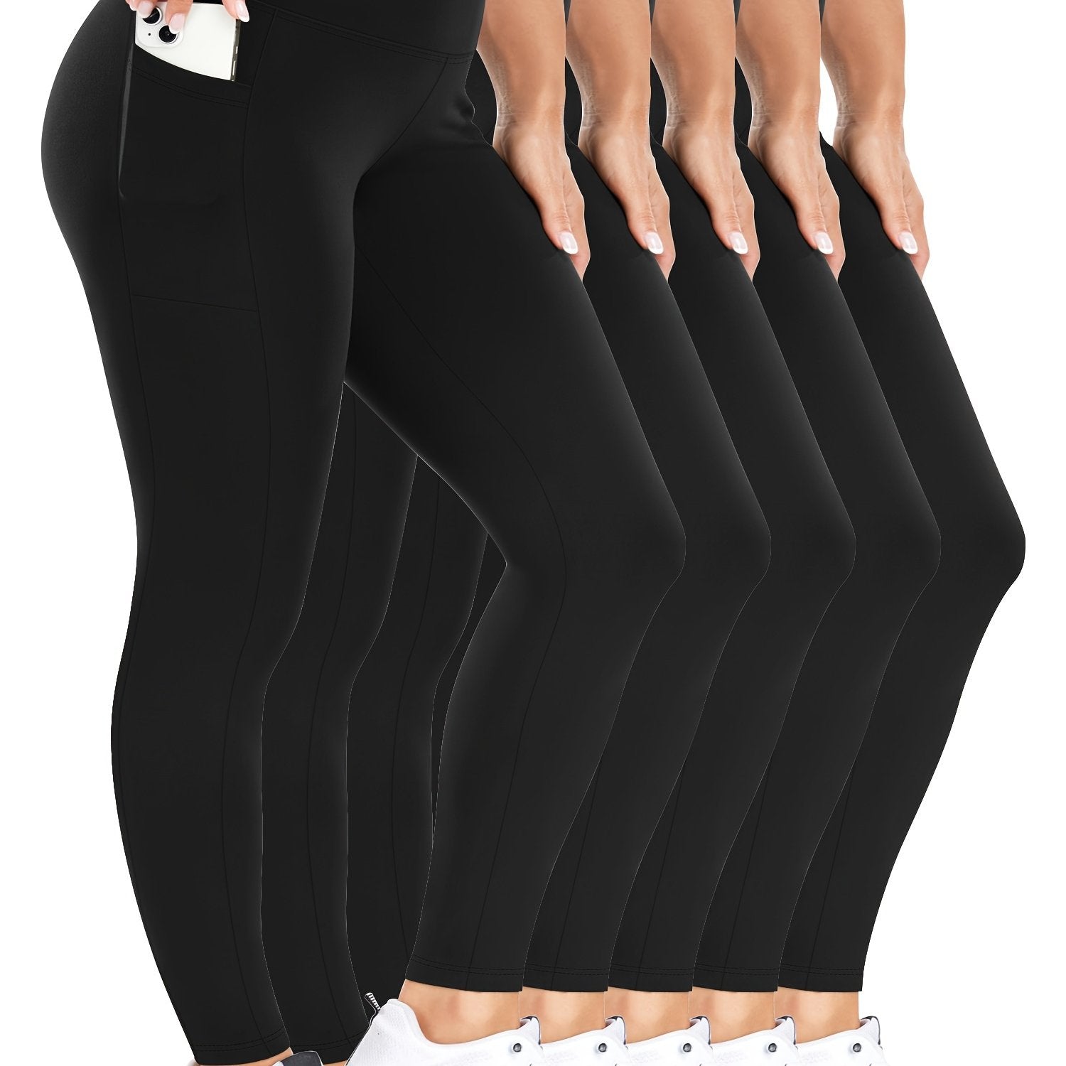 Women's High-Waisted Yoga Leggings 5-Pack with Pockets, Non-See-Through, Multi Colors