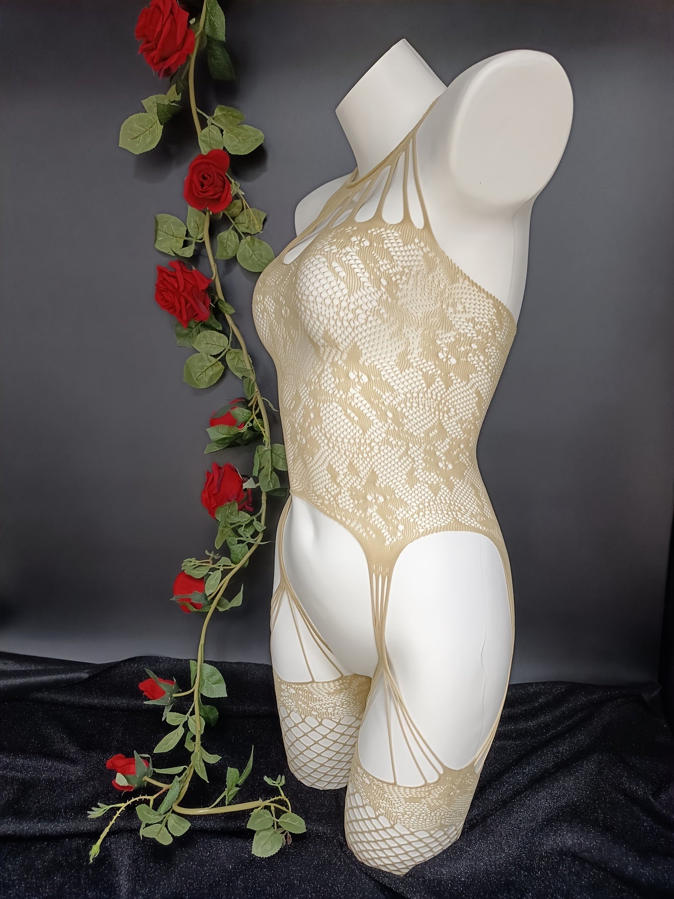 Body de lencería para mujer de jacquard con abertura en la entrepierna, medias de red y vestido con liga