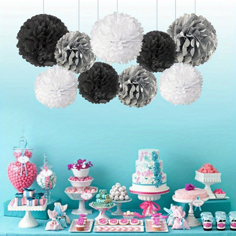 Set of 9 Paper Pom Pom Flowers for Party Decorations Events