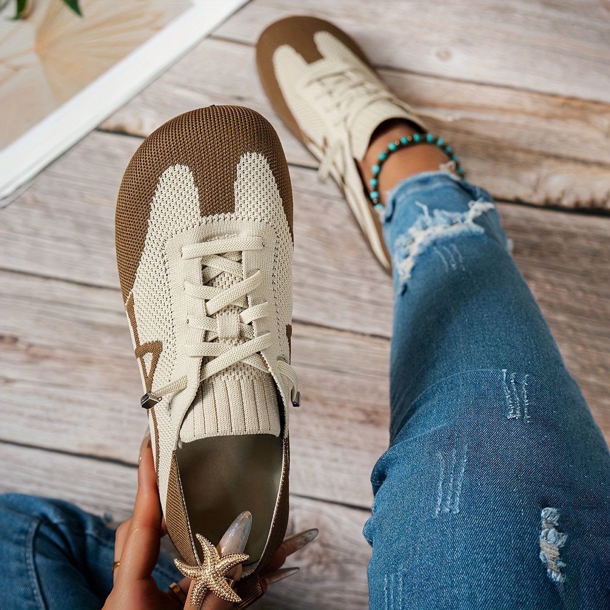 Women's Casual Slip-On Flats Knit Fabric with PVC Outsole Black Beige