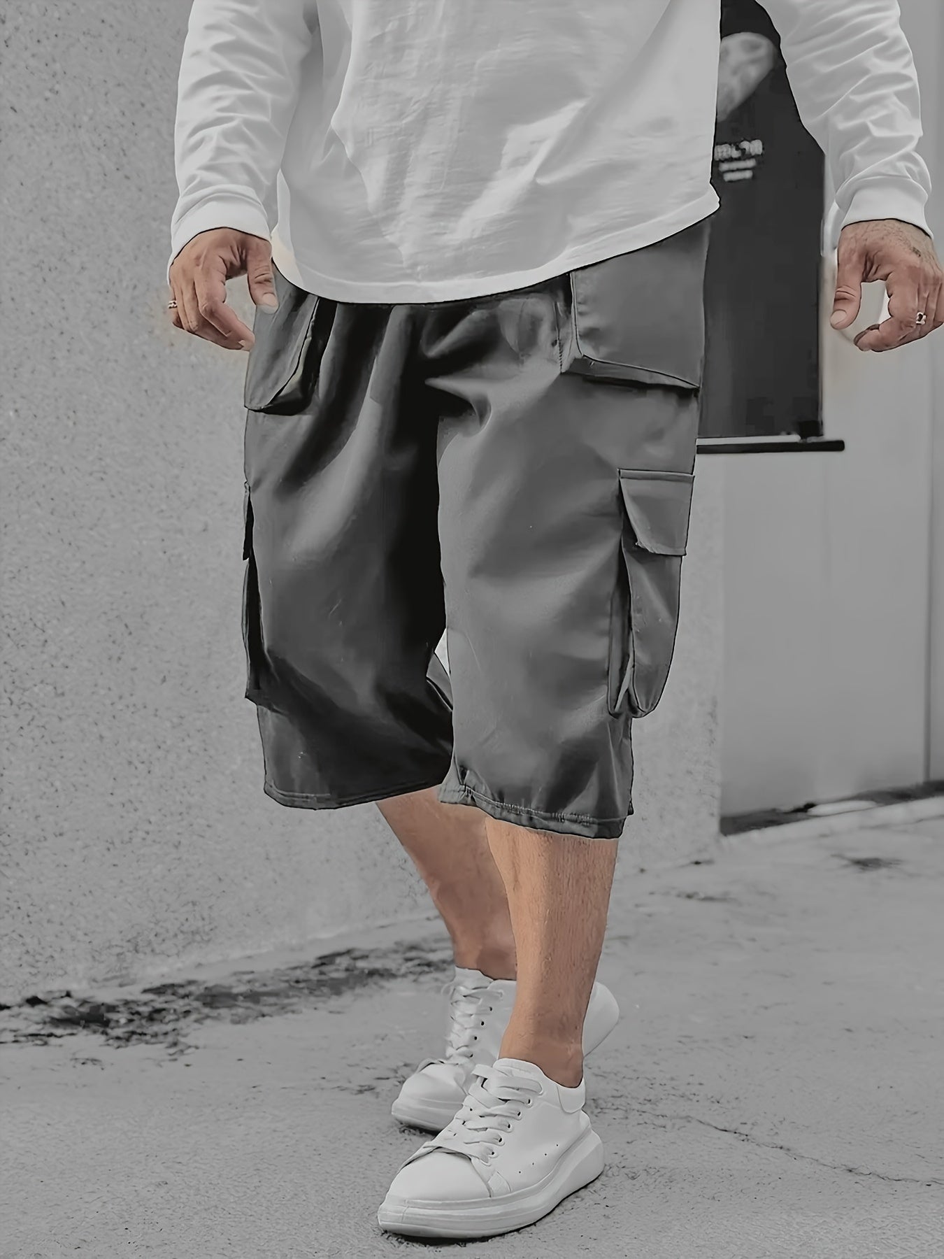 Men's Plus Size Cargo Pants Loose Fit Drawstring Pockets Breathable Polyester