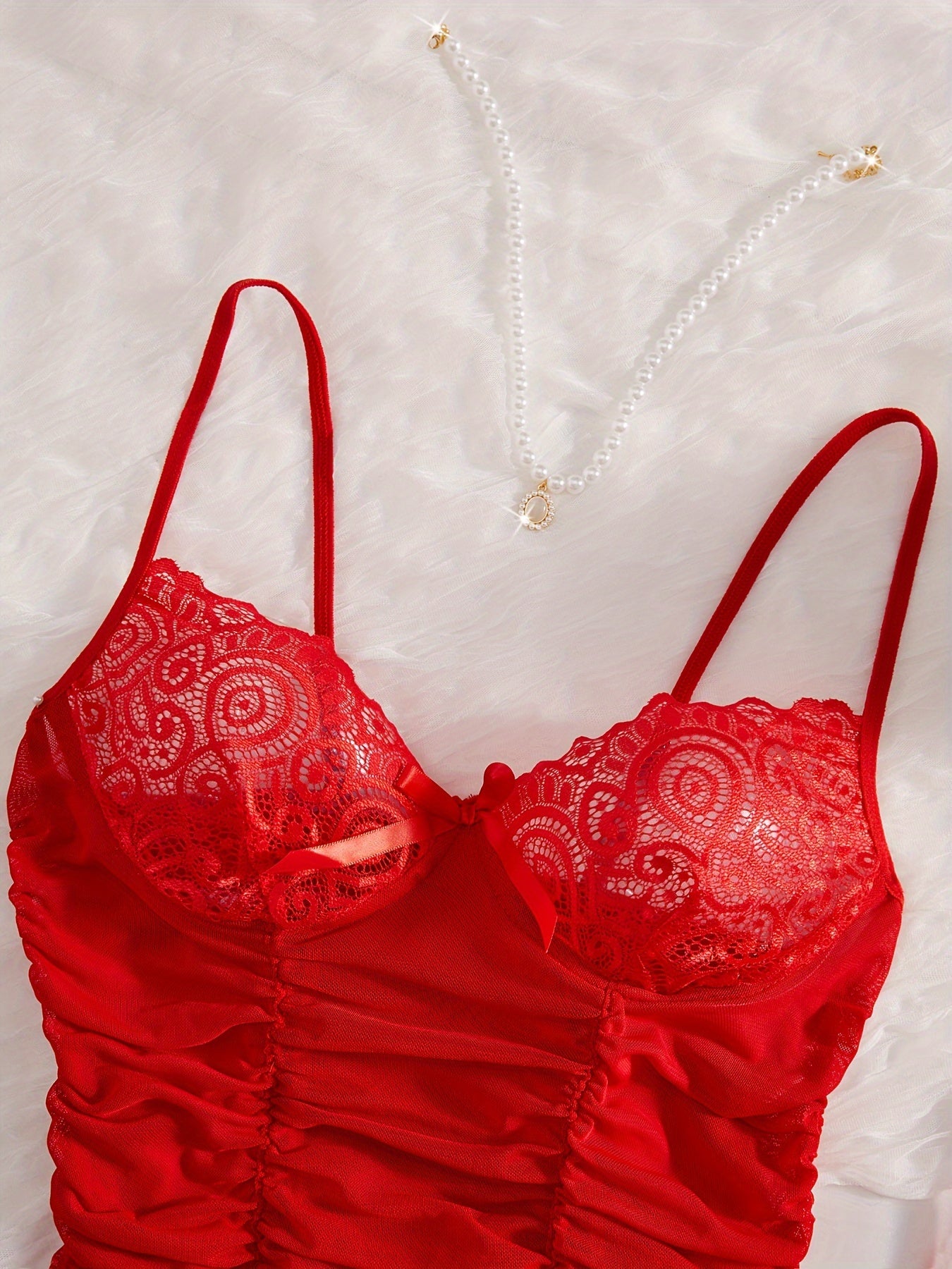 Women's Red Lace Babydoll Dress with Sheer Floral Pattern and Ruffled Details