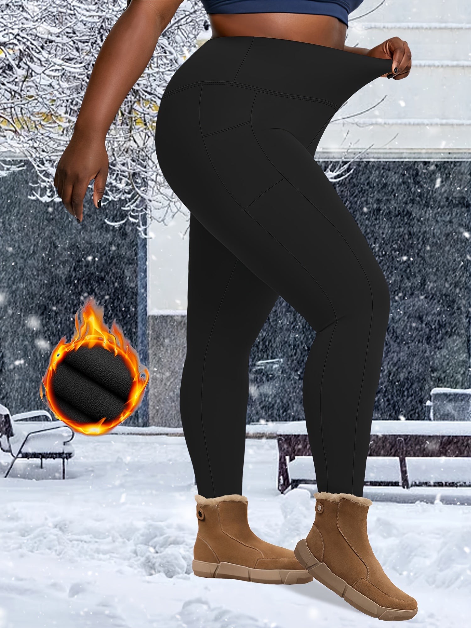 Plus Size Warm Plush Lined High Waist Leggings With Pockets for Women