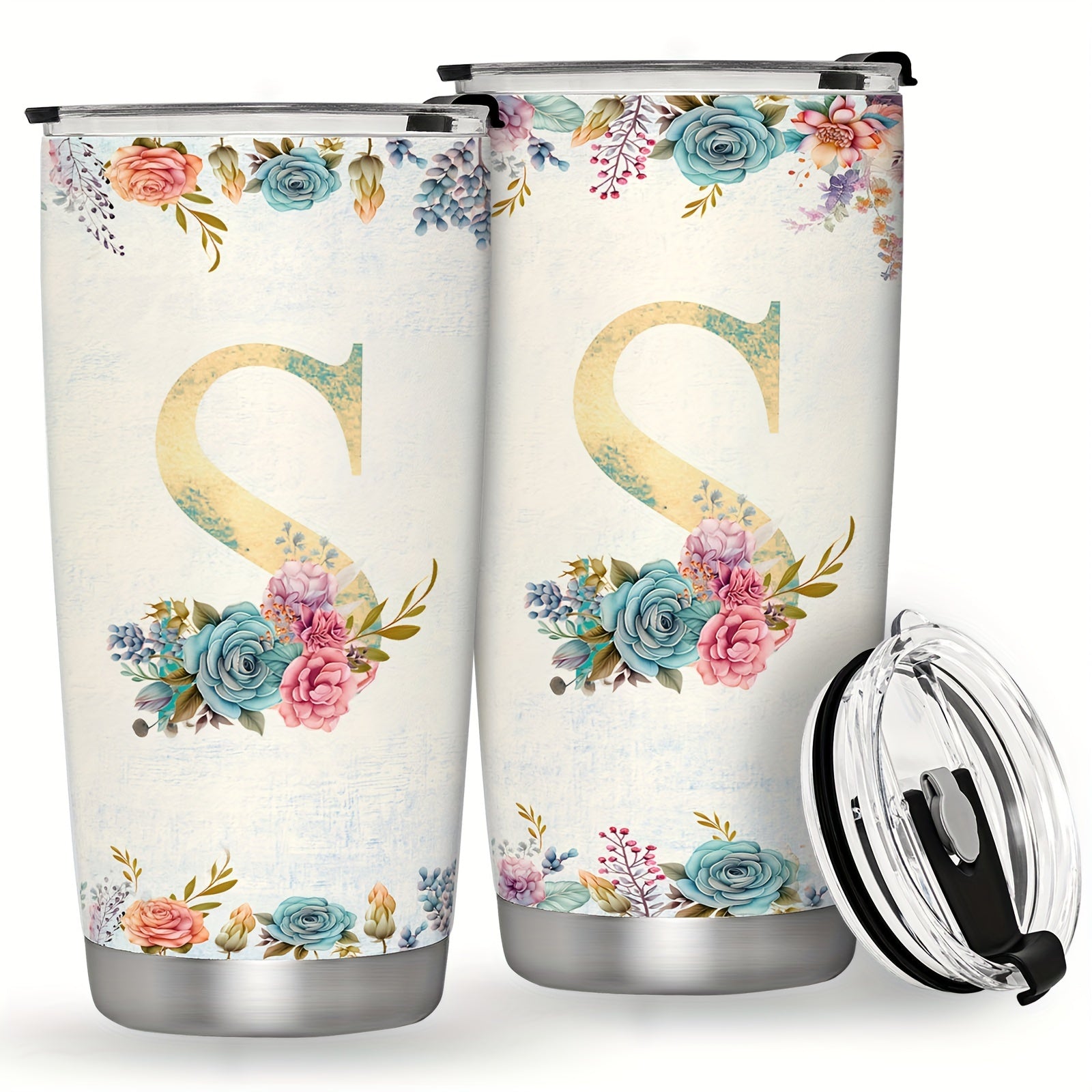 20oz Stainless Steel Tumbler with Monogram Floral Design Leak Proof Lid for Outdoor Use