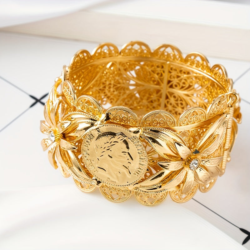 Gold-Plated Bridal Bangle with Floral and Coin Design for Women Wedding Party