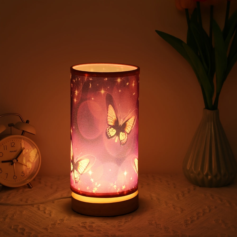 Purple Butterfly Table Lamp with Wood Base for Bedroom or Room Decor