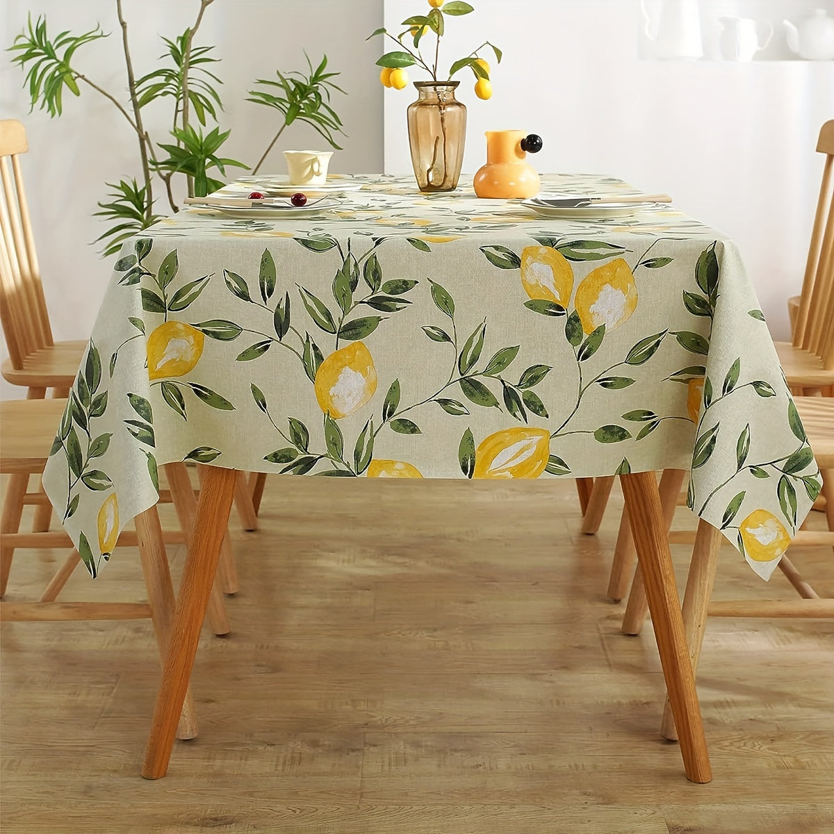 Vinyl Tablecloth Waterproof Oil-Resistant Rectangular Lemon Leaf Pattern for Kitchen Dining