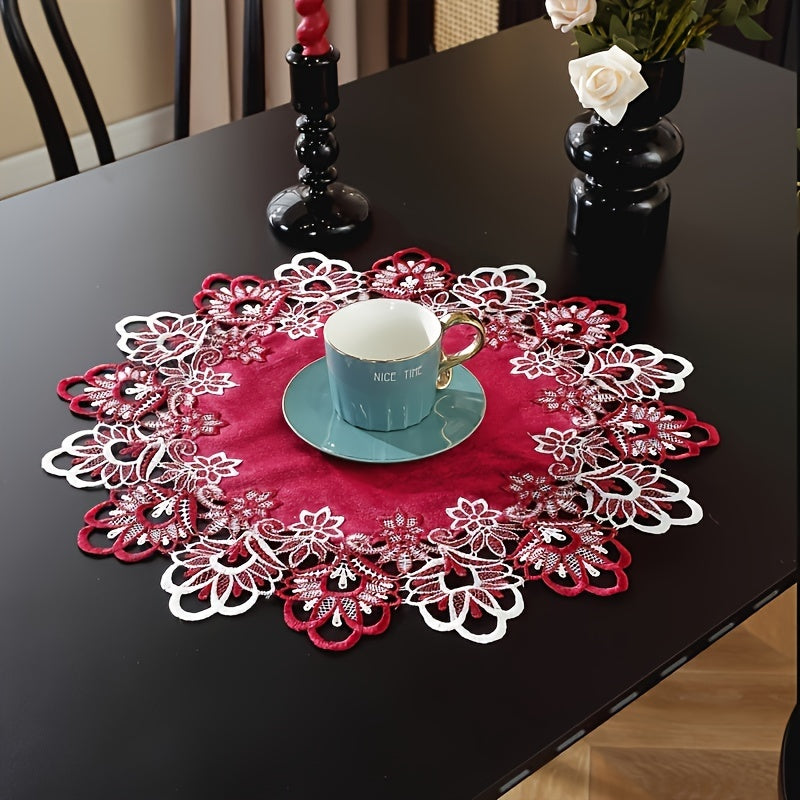 Embroidered Lace Border Polyester Table Mat 50cm Diameter for Home Decor and Events