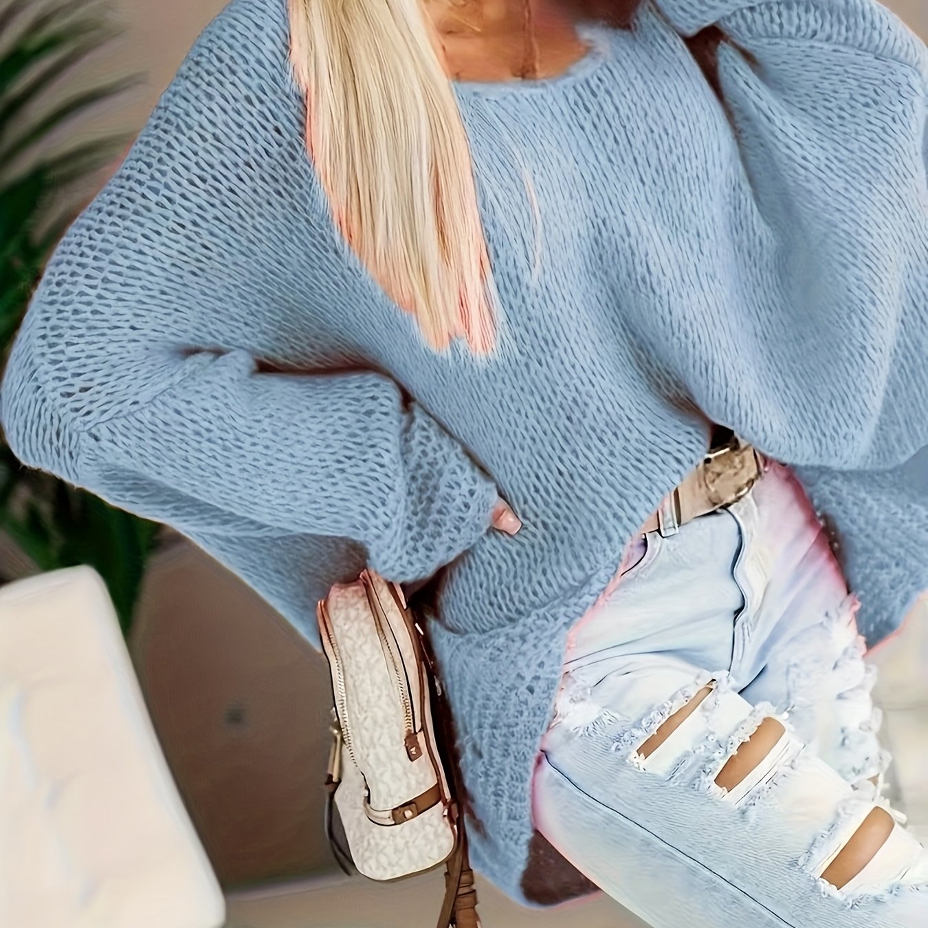 Женский свитер большого размера с V-образным вырезом и открытыми плечами, текстурированный пуловер для осени и зимы