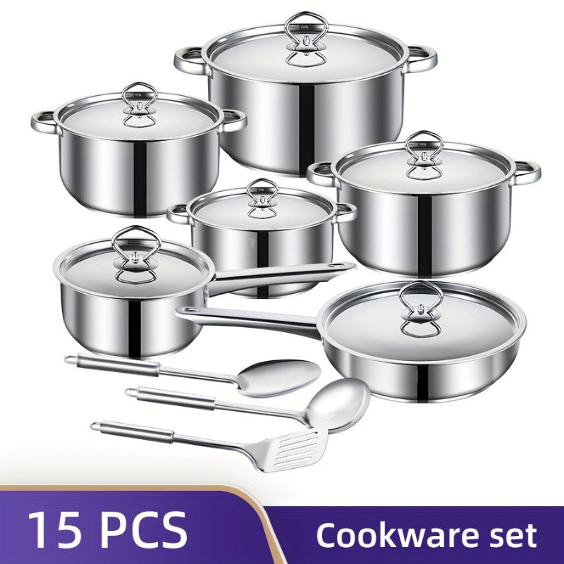 Stainless Steel Cookware Set 15 Pieces with Frying Pans and Sauce Pans for Kitchen and Restaurant