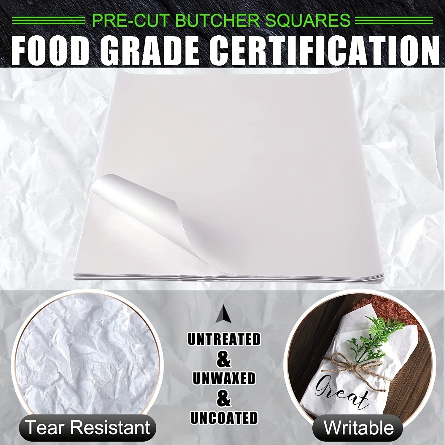 Oq goʻshtqilish qogʻozlari, 30.48 sm, bir martalik, yirtishga chidamli, oziq-ovqat va hunarmandchilik uchun