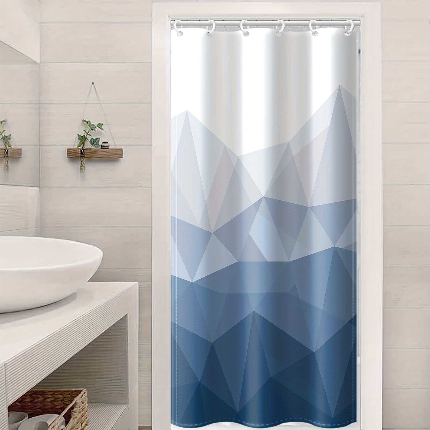 Blue Gradient Geometric Pattern Shower Curtain Waterproof Polyester with 12 Hooks for Bathroom or Hotel