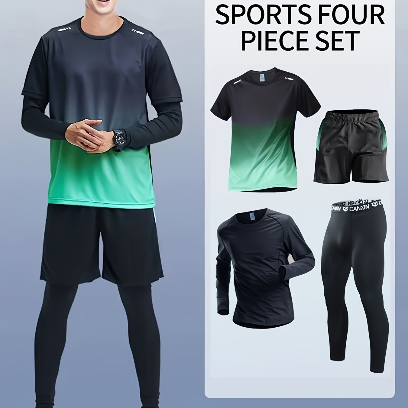 Men's Athletic Set Long Sleeve Tee Shorts Compression Pants Leggings Gradient Colors Breathable High-Elasticity Sports Training