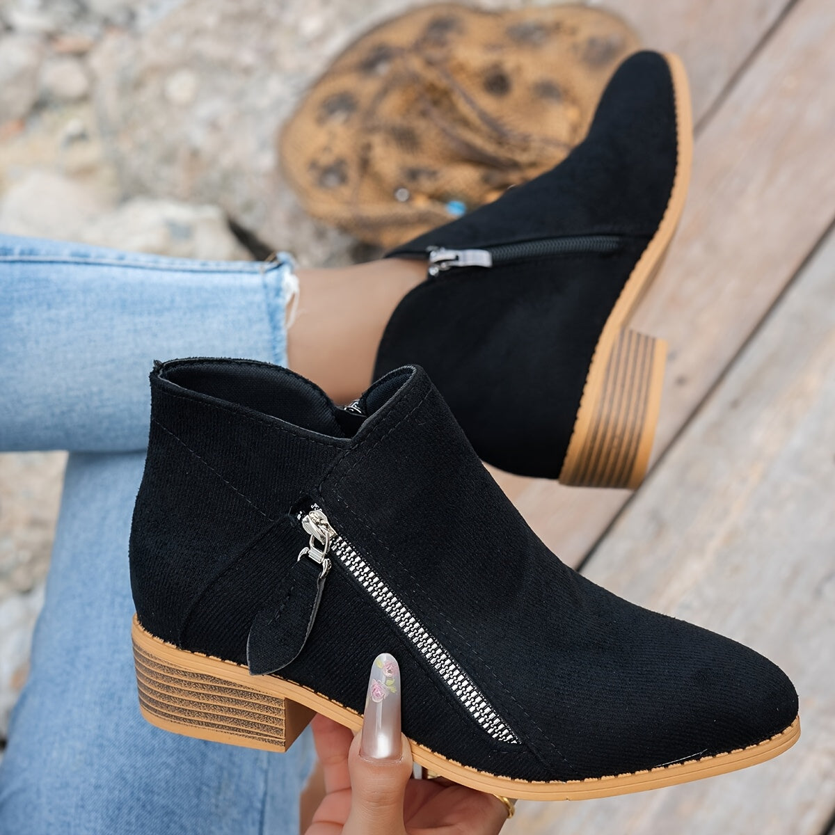 Women's Chunky Heel Ankle Boots Fabric Low Block Zipper Winter Casual