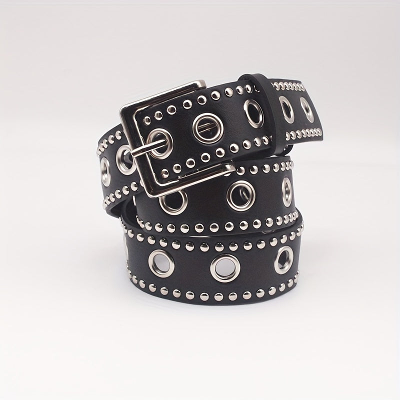 Unisex Black PU Belt with Punk Eyelet Rivets and Studs for Jeans and Pants