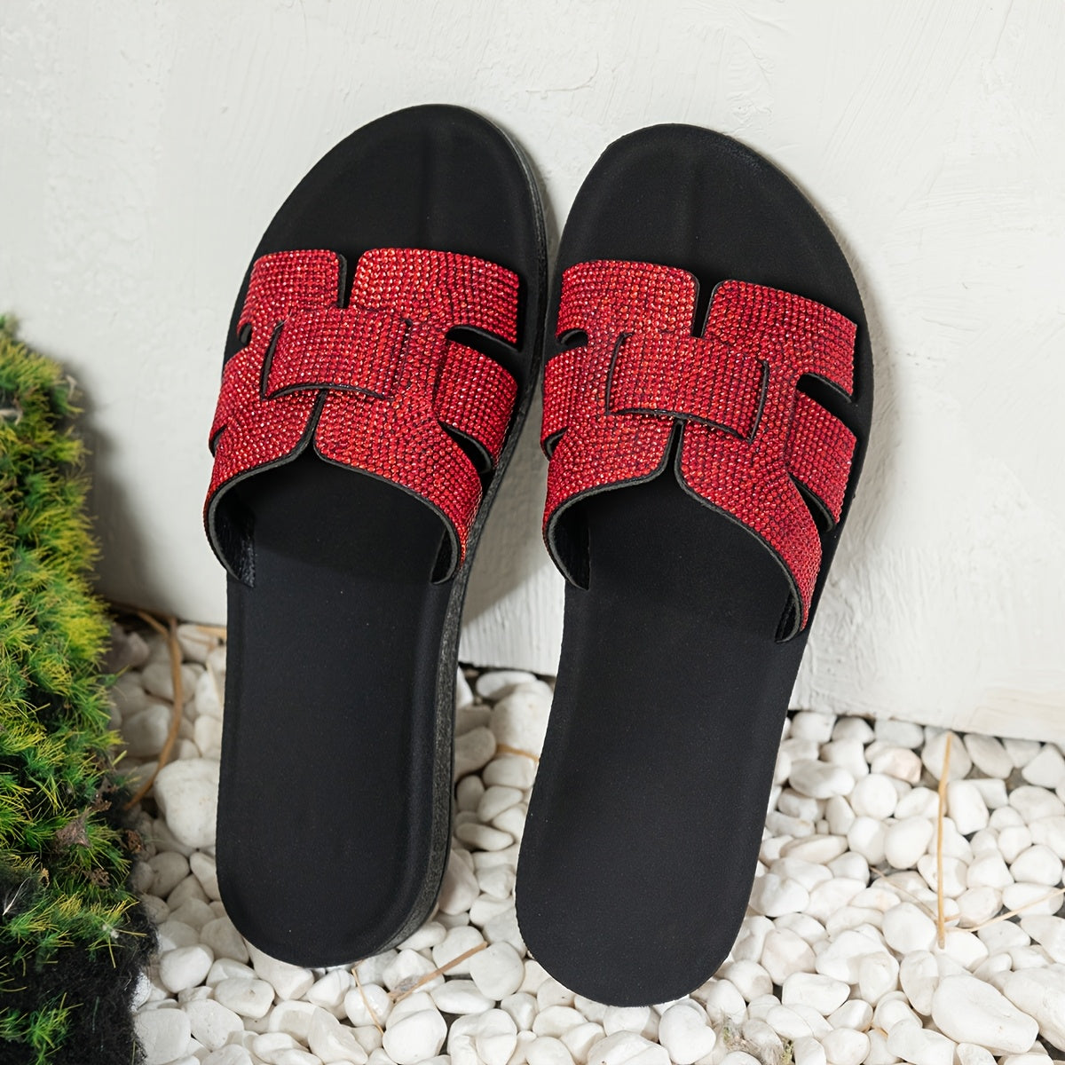 Women's Summer Rhinestone-Embellished Open-Toe Slides with Adjustable Ankle Strap