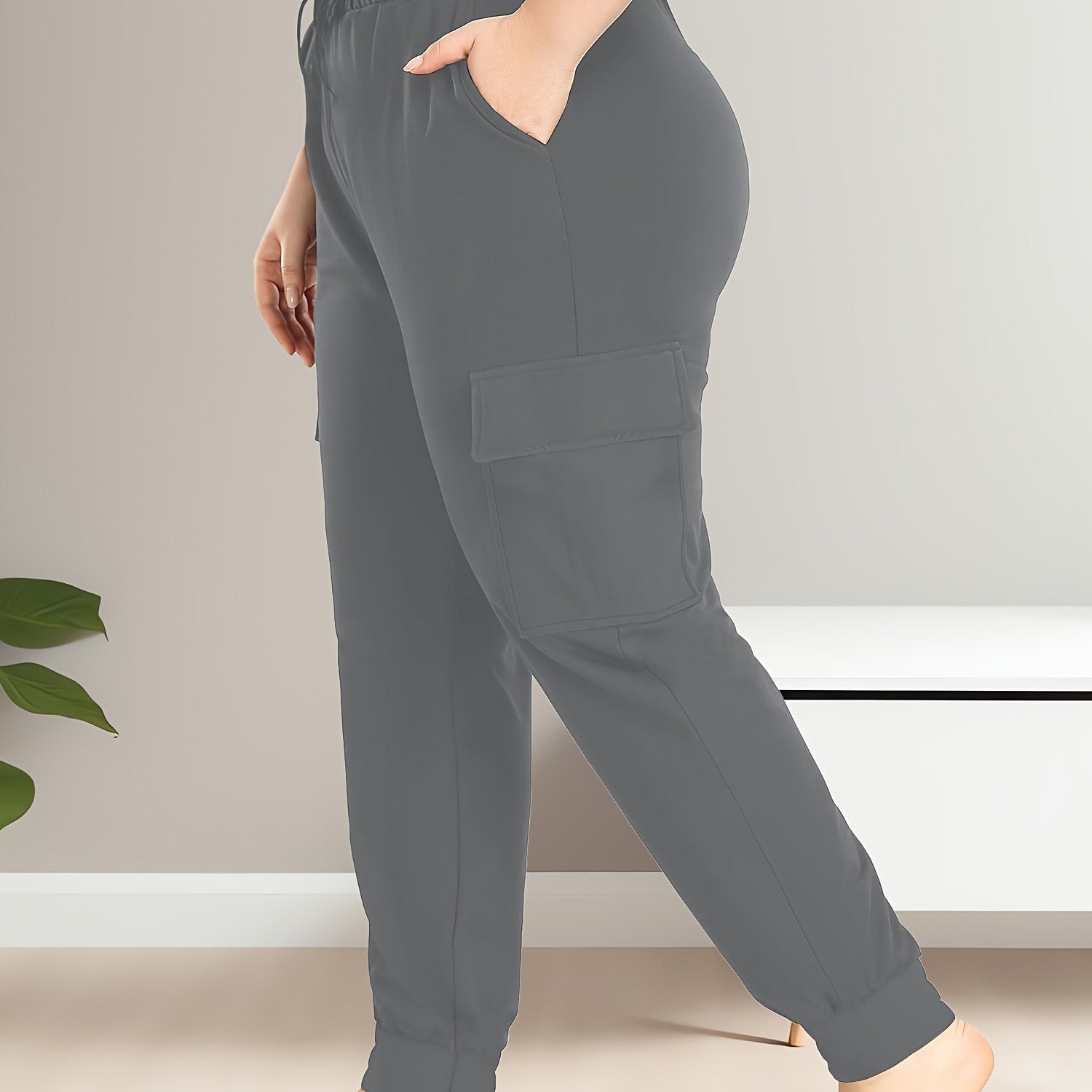 Pantalones cargo de talle alto para tallas grandes con bolsillos, poliéster elástico, cómodos