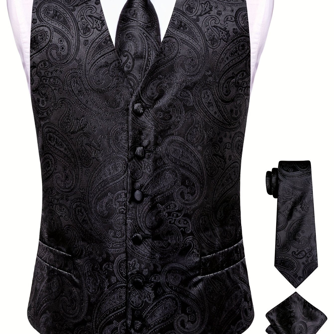 Plus Size Men's Paisley Vest Set with Necktie Hanky Cufflinks for Business Wedding Party