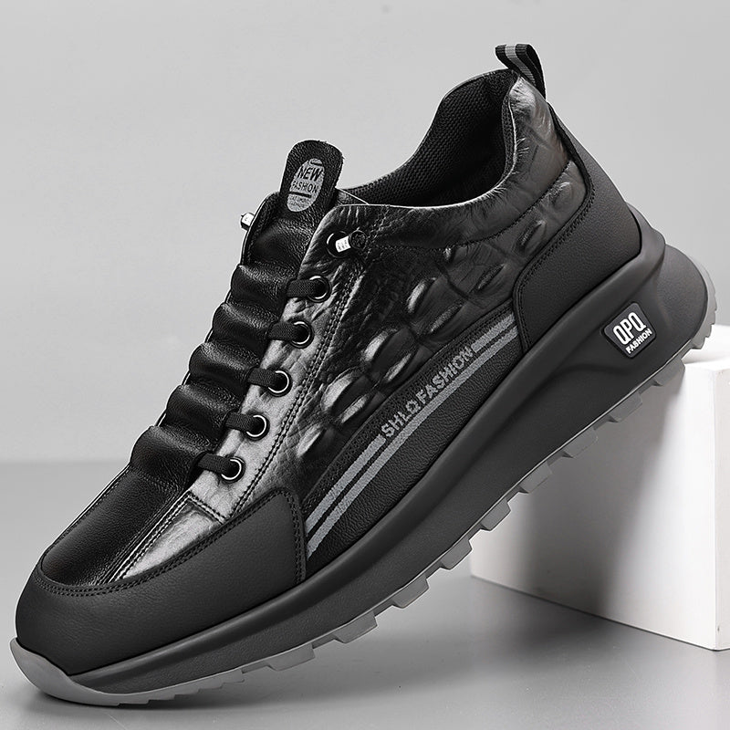 Men's Leather Casual Sneakers Black Gray Crocodile Pattern Rubber Sole Lace-Up Low Top