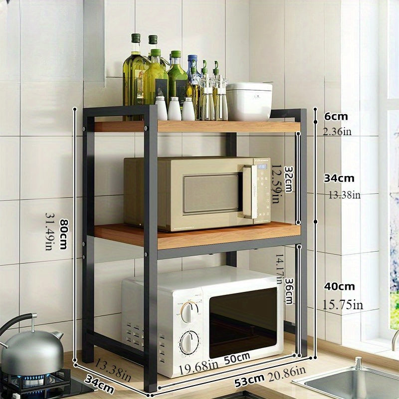 Stainless Steel Kitchen Storage Rack with 2 Tiers and Solid Wood Shelf for Microwave and Spices