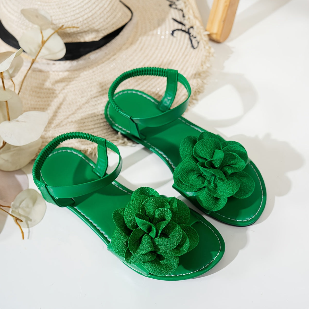 Women's Fashion Flat Strappy Sandals with Peony Flower Bohemian Beach Wear