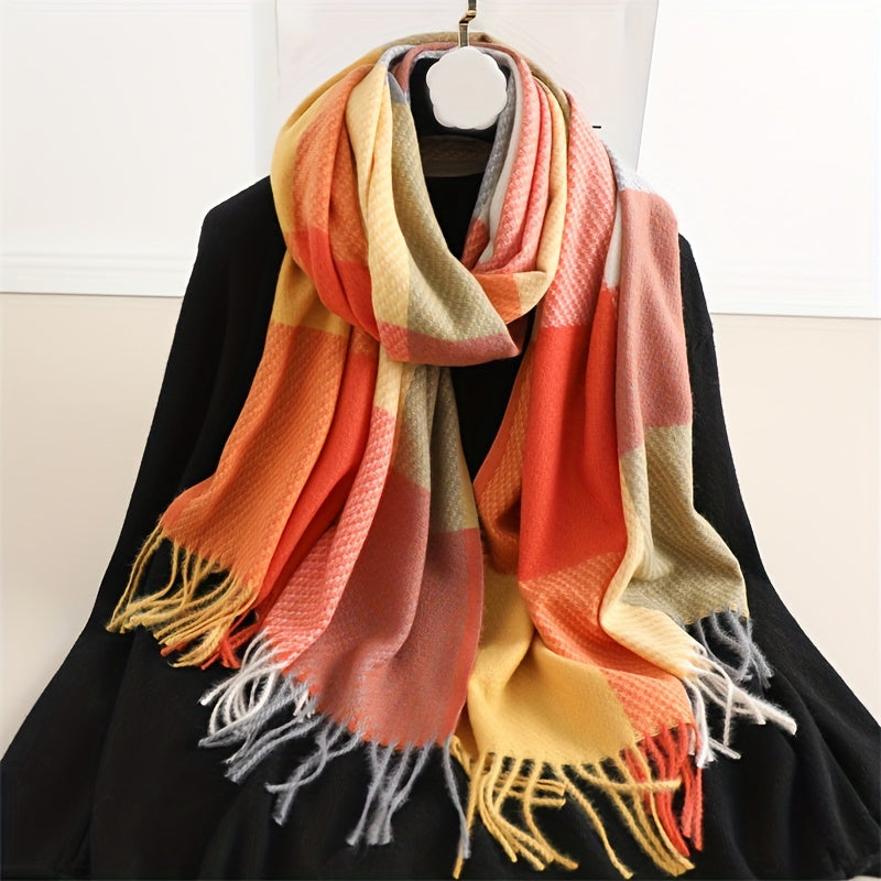 Chal con flecos para otoño e invierno, unisex, de imitación cachemira a cuadros