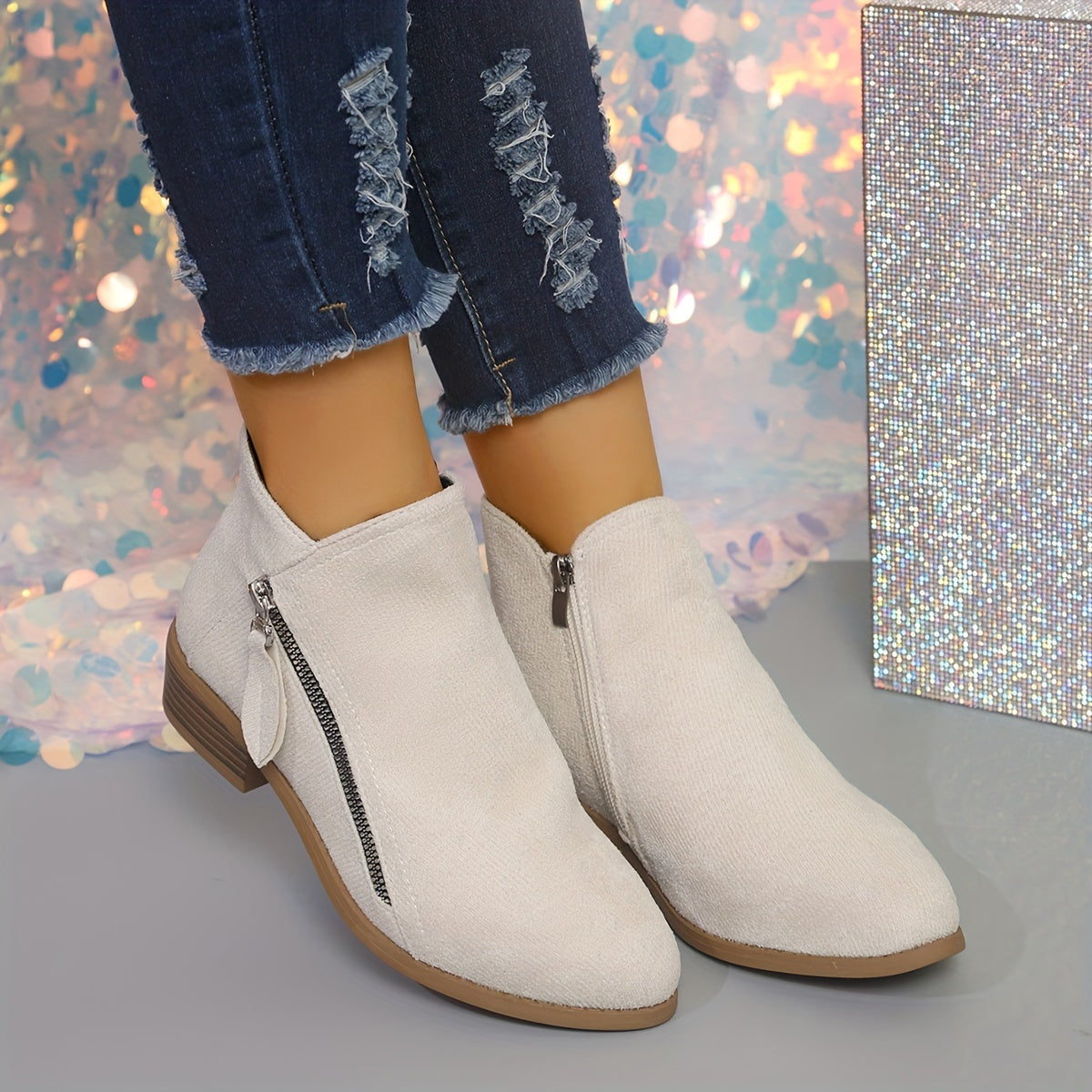 Women's Leather Ankle Boots with Chunky Heel and Double Zipper