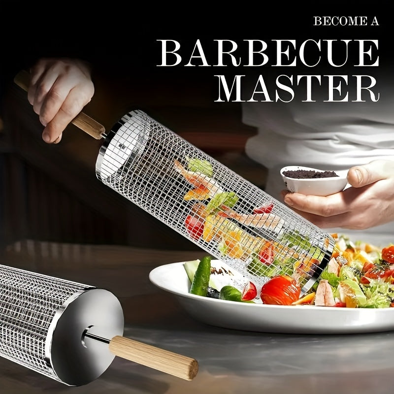 304 Stainless Steel Grill Baskets with Detachable Wooden Handles for Vegetables and Shrimp