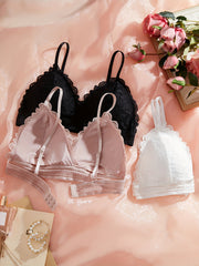 Women's Floral Lace Wireless Bra Set 3 Pieces Comfortable Breathable Lingerie