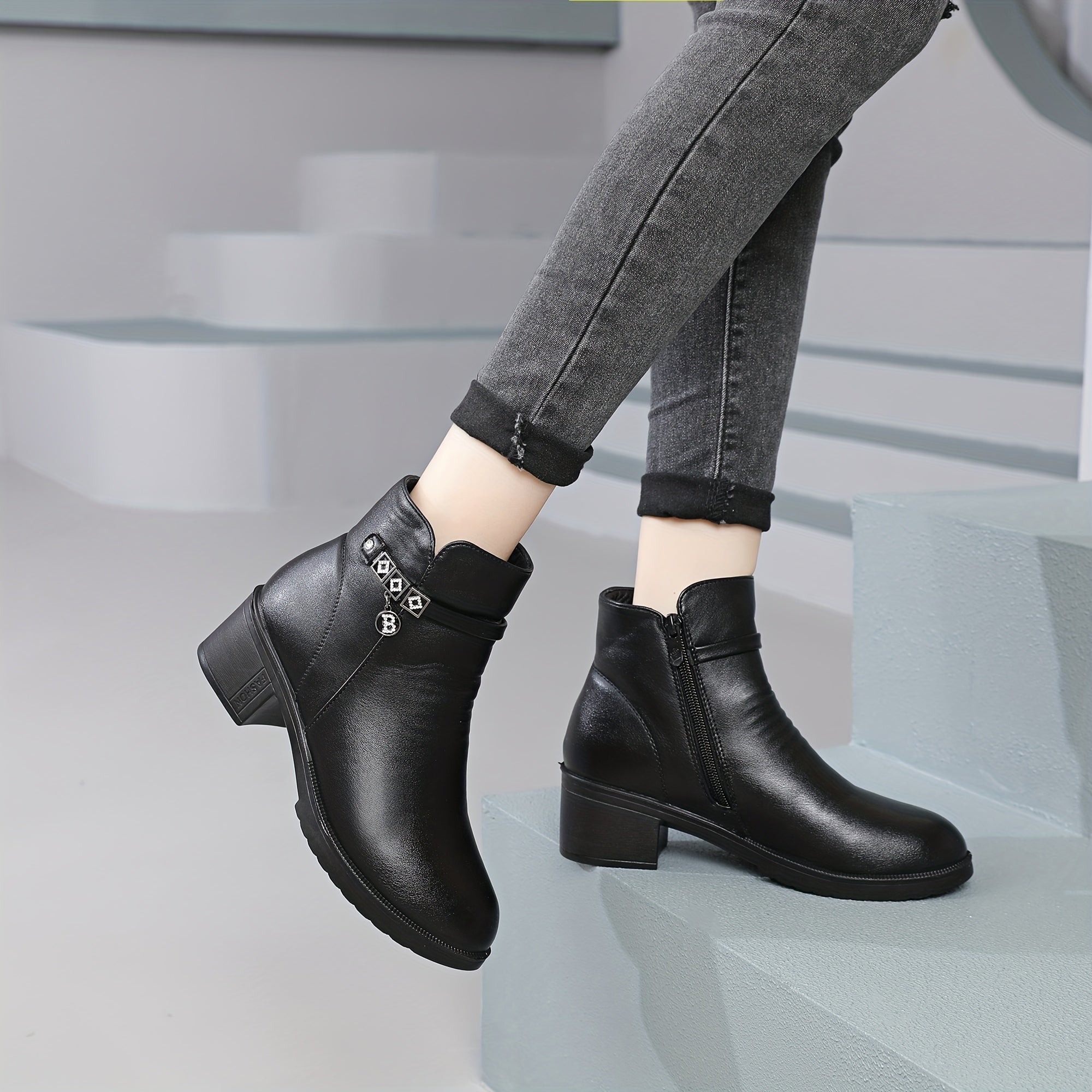 Women’s Ankle Boots With Chunky Heel Zipper Cold Weather Shoes