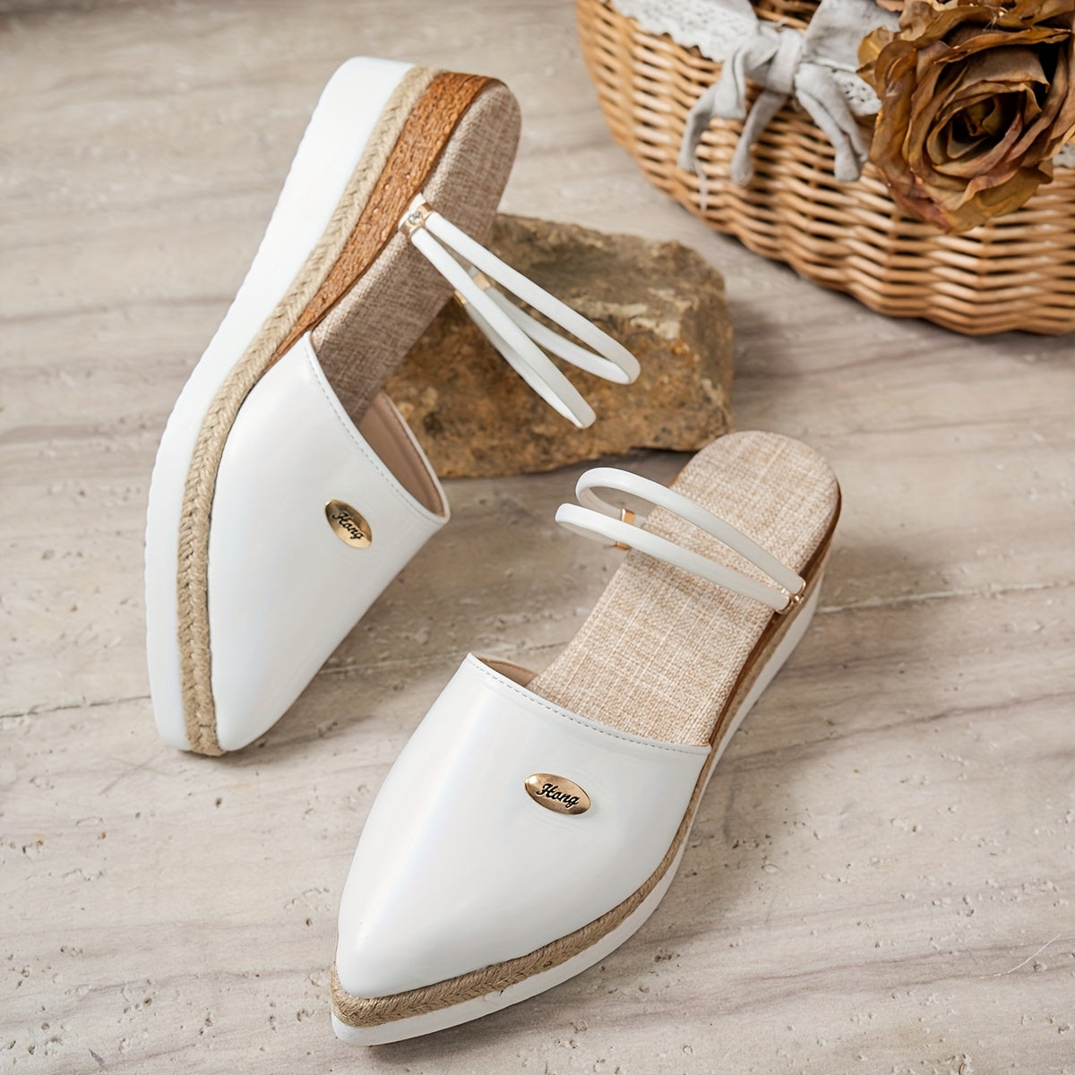 Women's White Pointed Toe Wedge Shoes Flat Summer Casual Strappy