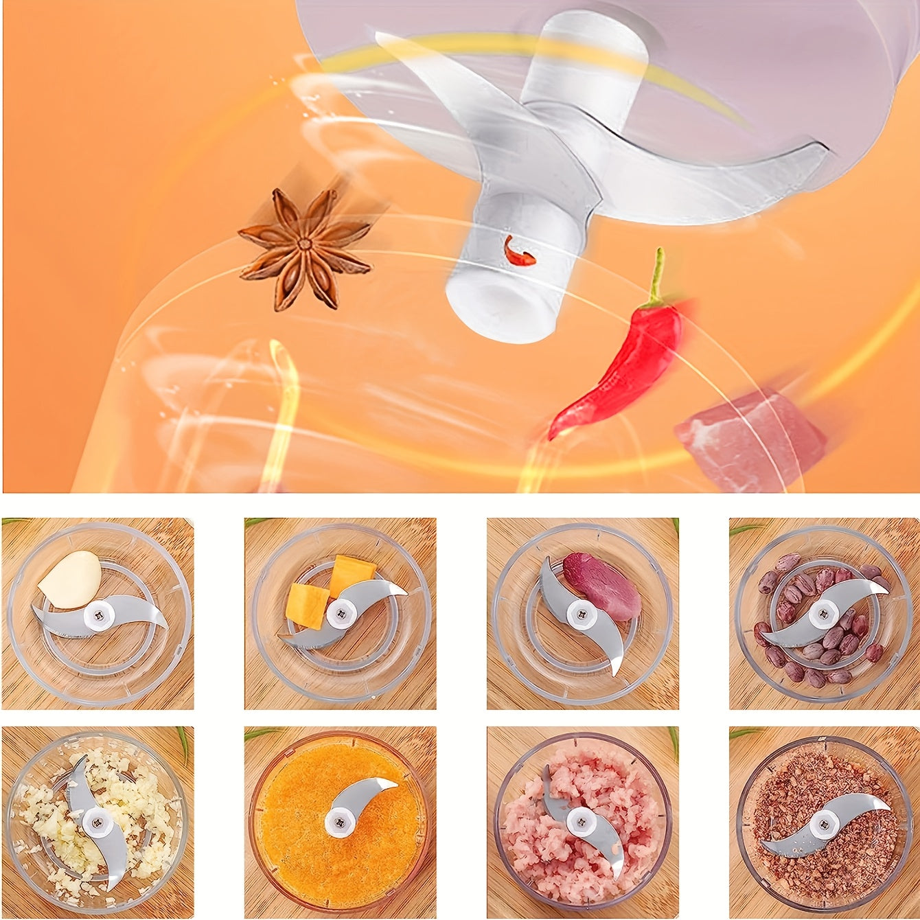 Kompakt elektr oziq-ovqat protsessori 250ml USB qayta zaryadlanadigan 3 pichoq rostlyamli po'lat