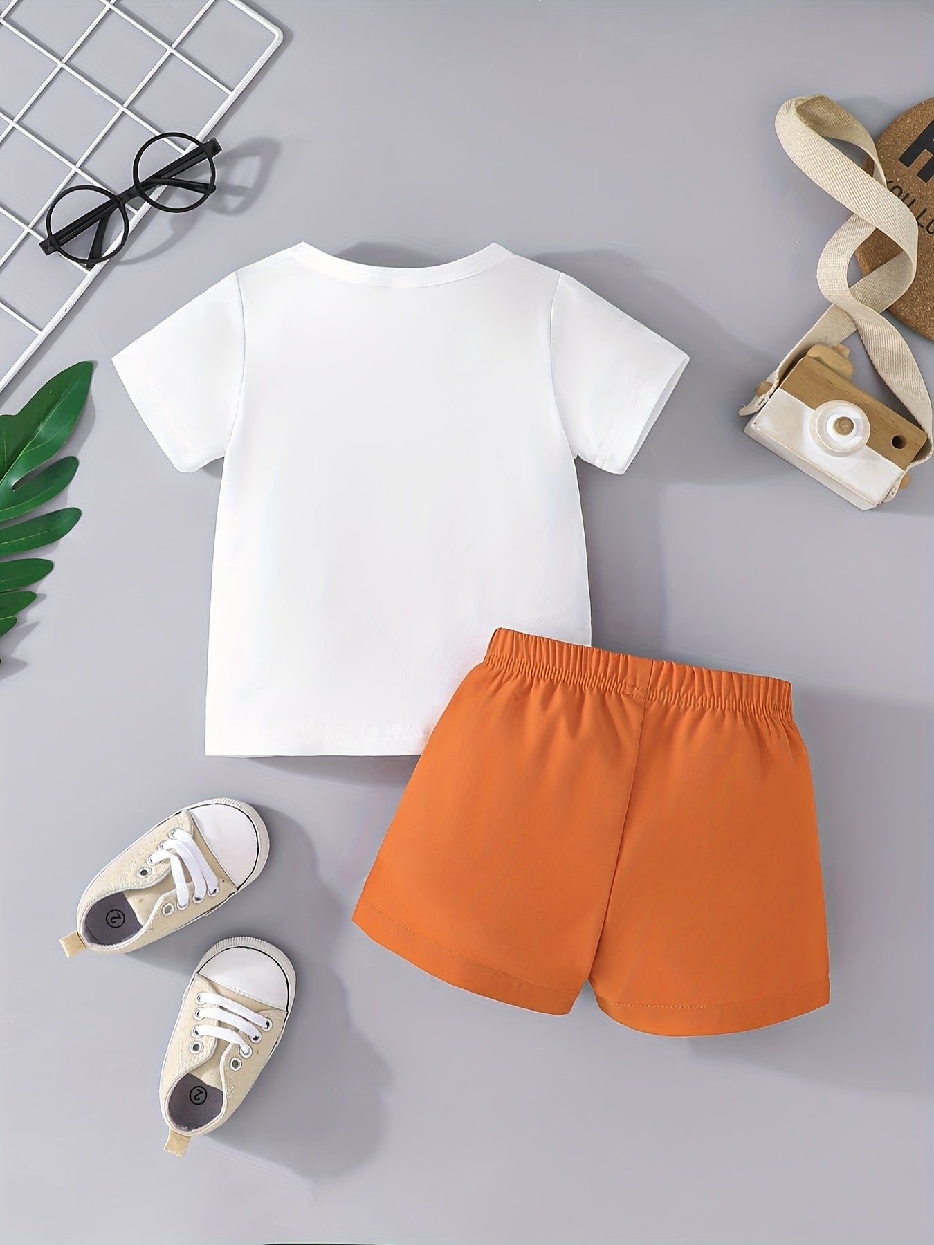 Boys' Spring Fall Cartoon Dog Print T-Shirt and Orange Shorts Outfit Set
