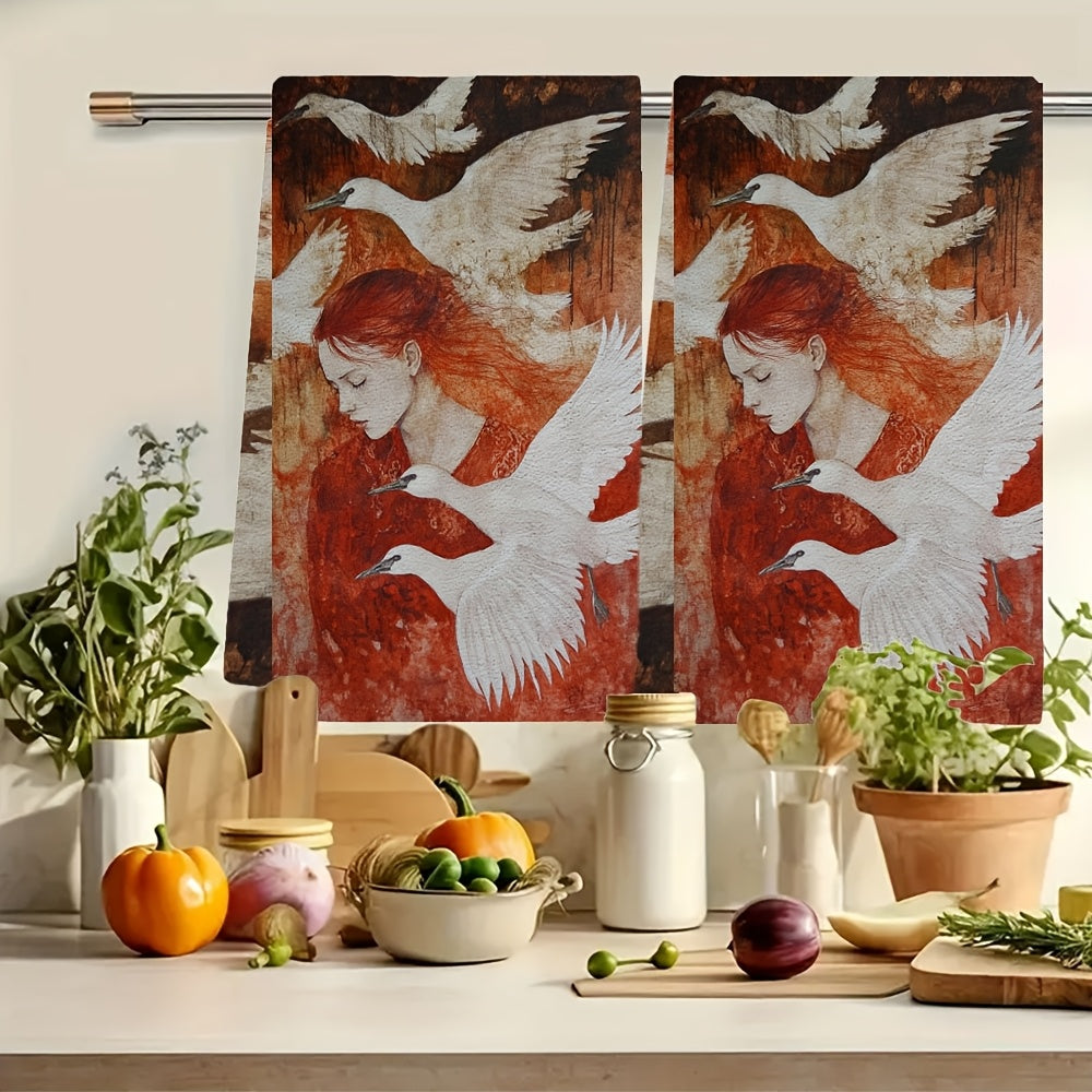 Set of 2 Swan and Red-Haired Woman Kitchen Towels Ultra Soft Absorbent 16x24 Inches