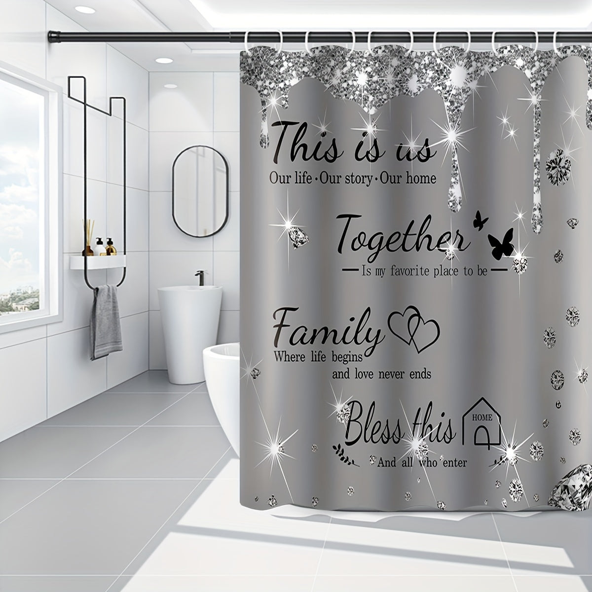 Set of 4 Gray Shower Curtains with Diamond Letter Print Bath Mats Non-Slip Carpet Toilet Lid Cover Bathtub Partition
