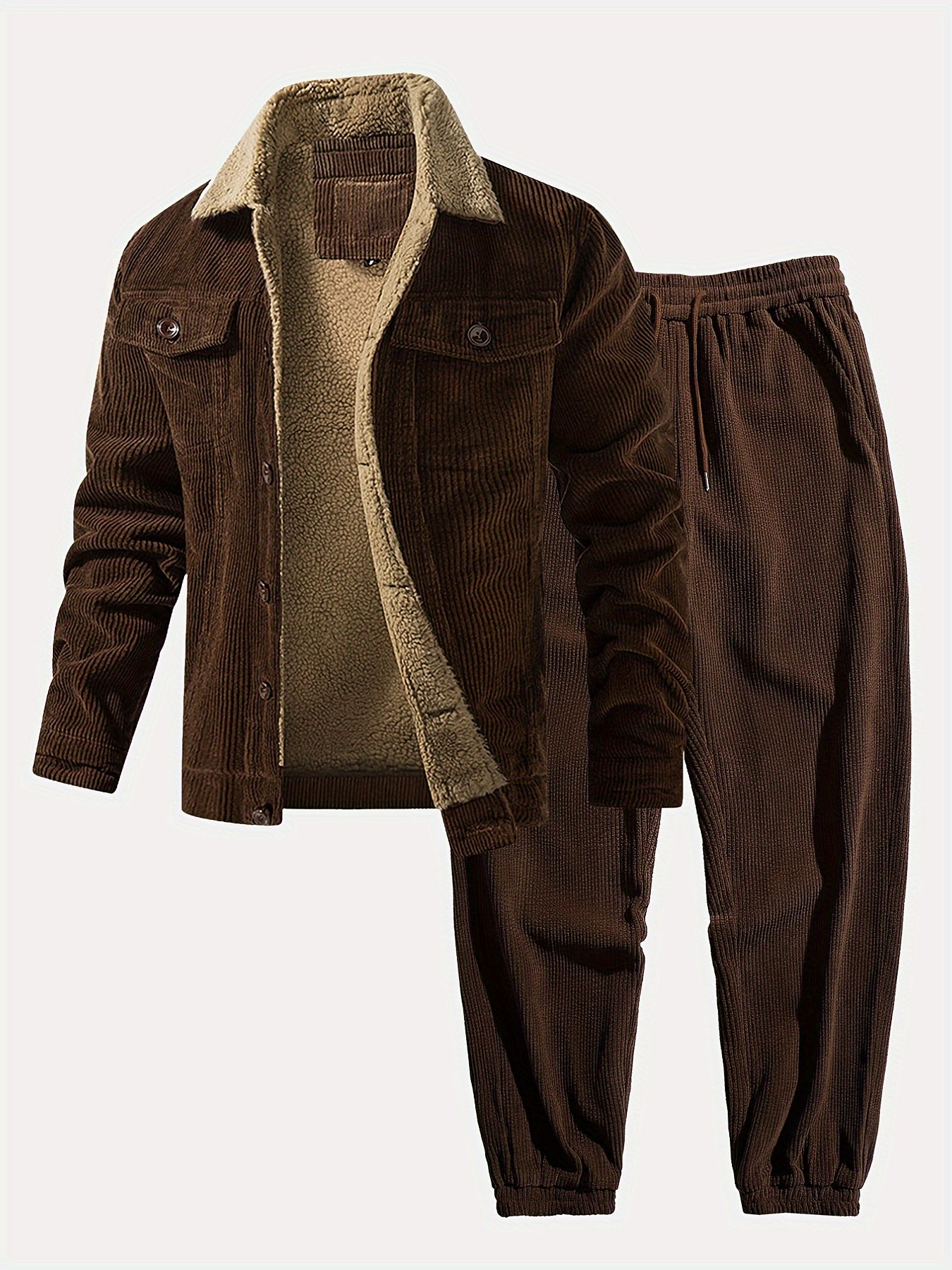 Men's Plus Size Corduroy Jacket and Sweatpants Set Lapel Collar Solid Color Regular Fit Polyester Autumn Winter