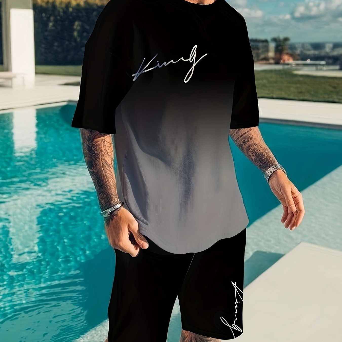 Men's Ombre Casual Suit Set with T-Shirt and Shorts for Summer Vacation and Exercise