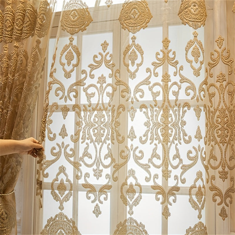 Cortinas de gasa de lujo con ojales, poliéster de tul con diseño jacquard dorado para sala de estar y dormitorio