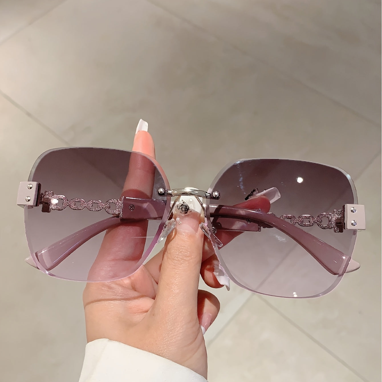 Gafas de moda sin montura con degradado ombré para mujer, ideales para vacaciones en la playa o fiestas