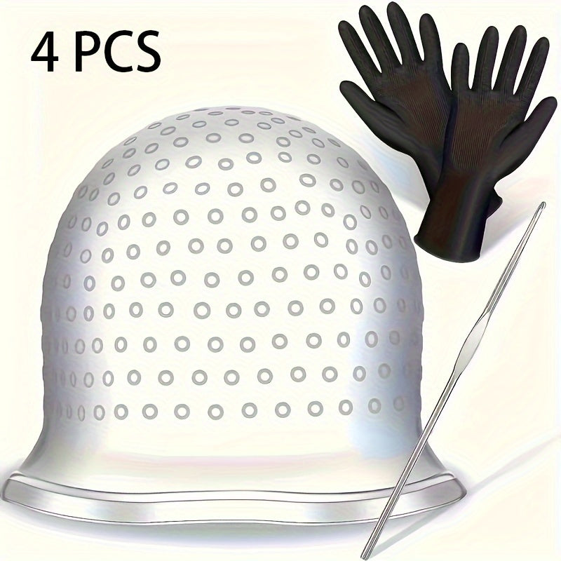 Reusable Hair Coloring Highlighting Cap with Metal Hook and Gloves for Normal Hair