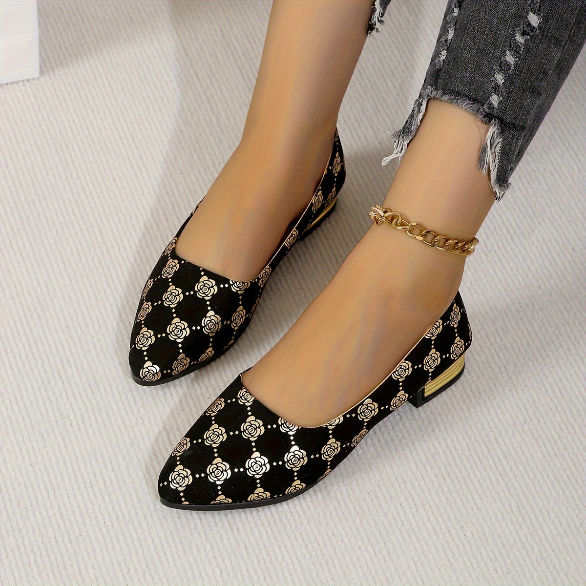 Women's Floral Pattern Mary Jane Flats Slip-On Pointed Toe Lightweight Shoes