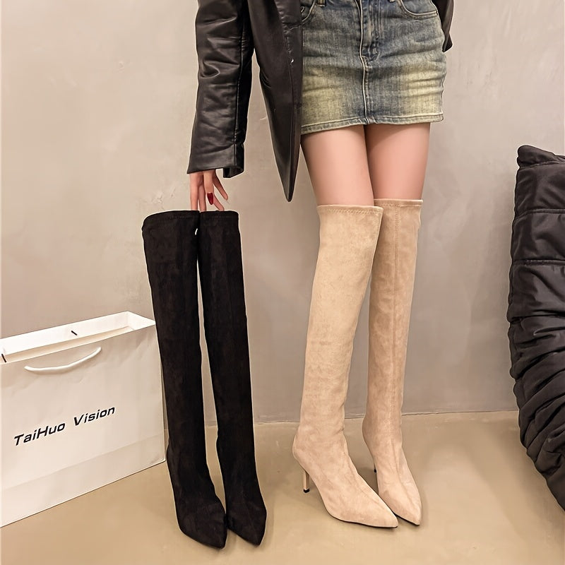 Women's Beige Fabric Knee-High Boots Pointed Toe Stiletto Heel
